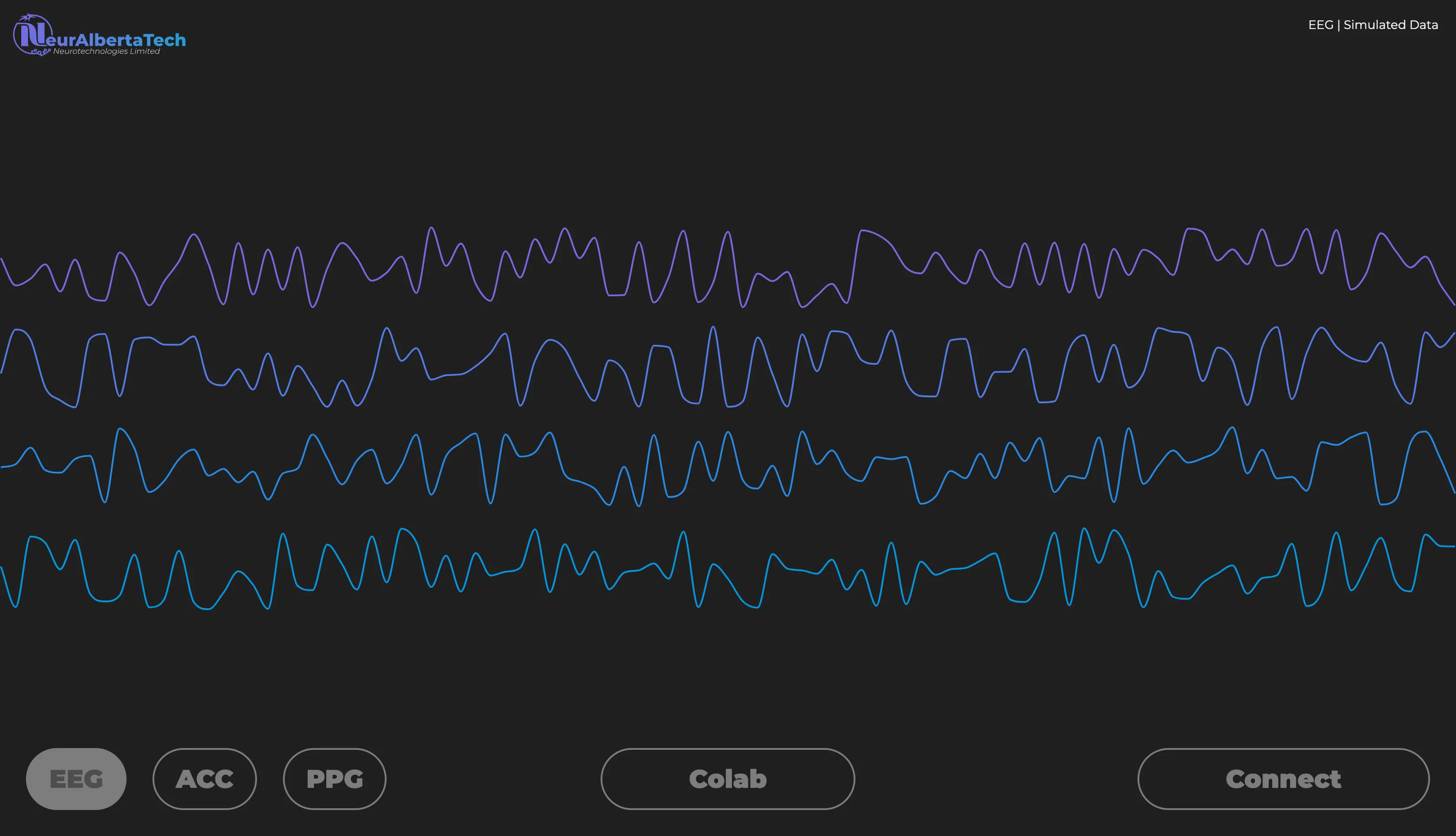 Dark BCI demo dashboard displaying four scrolling simulated biometric signal traces, with EEG, ACC, and PPG controls.